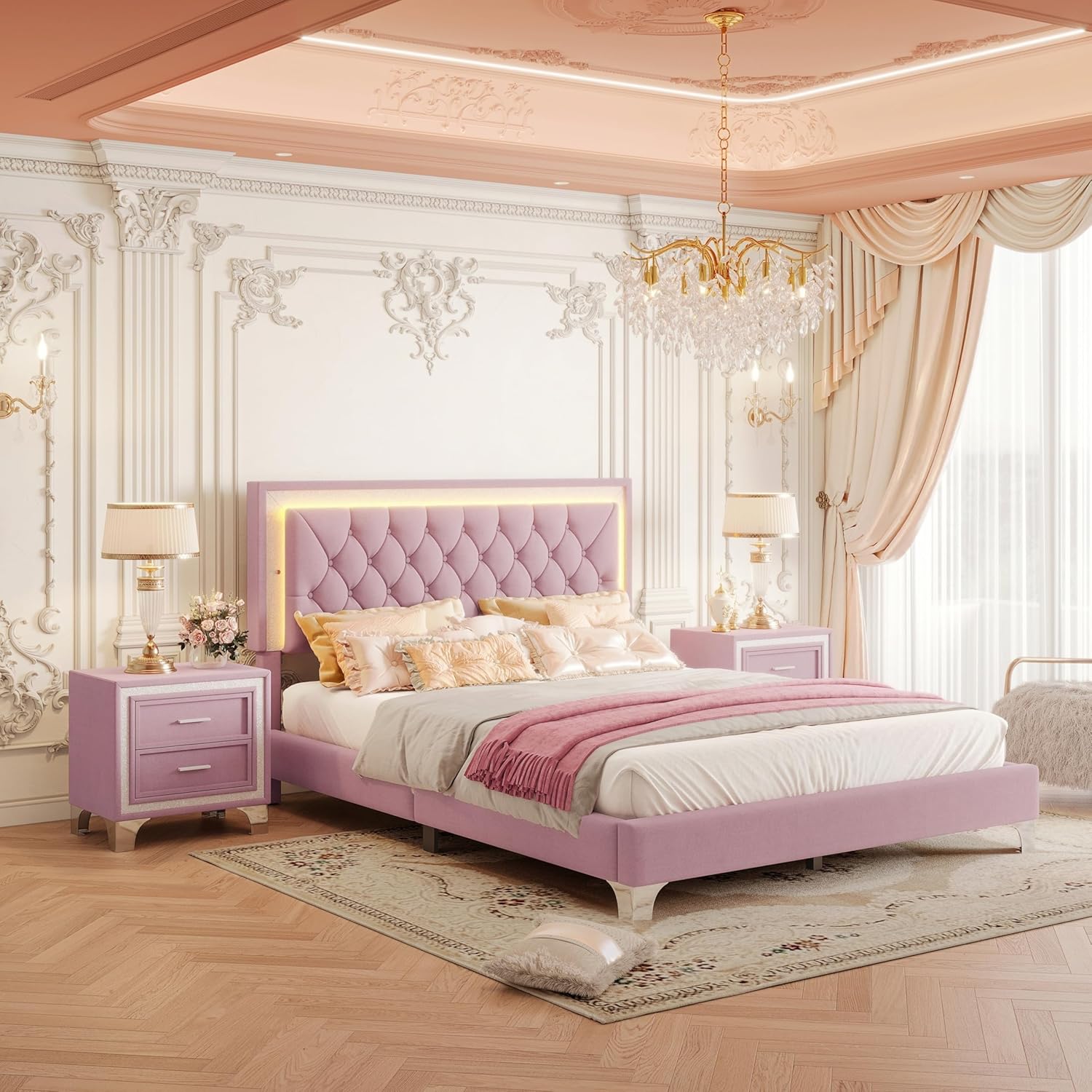 Flieks Bedroom Sets, 3-Pieces Bedroom Sets, Queen Size Upholstered Platform Bed with LED Lights and 2 Nightstands, Pink