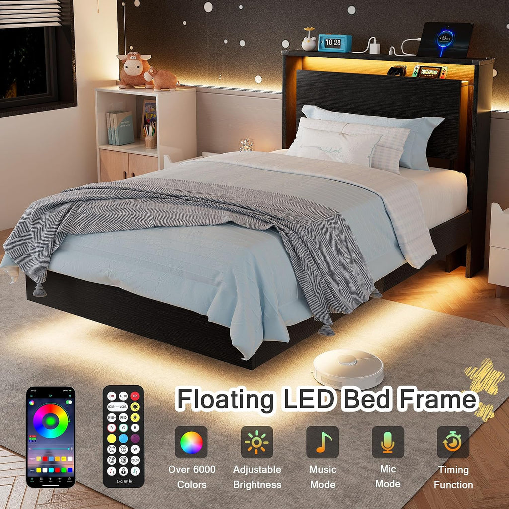 Einhomn Twin Bed Frames with LED Lights and Charging Station - Wood Floating Bed Frame with Storage Headboard, Adhesive Slats, Kick-Free & Noise-Free Design, Easy Assembly, Black