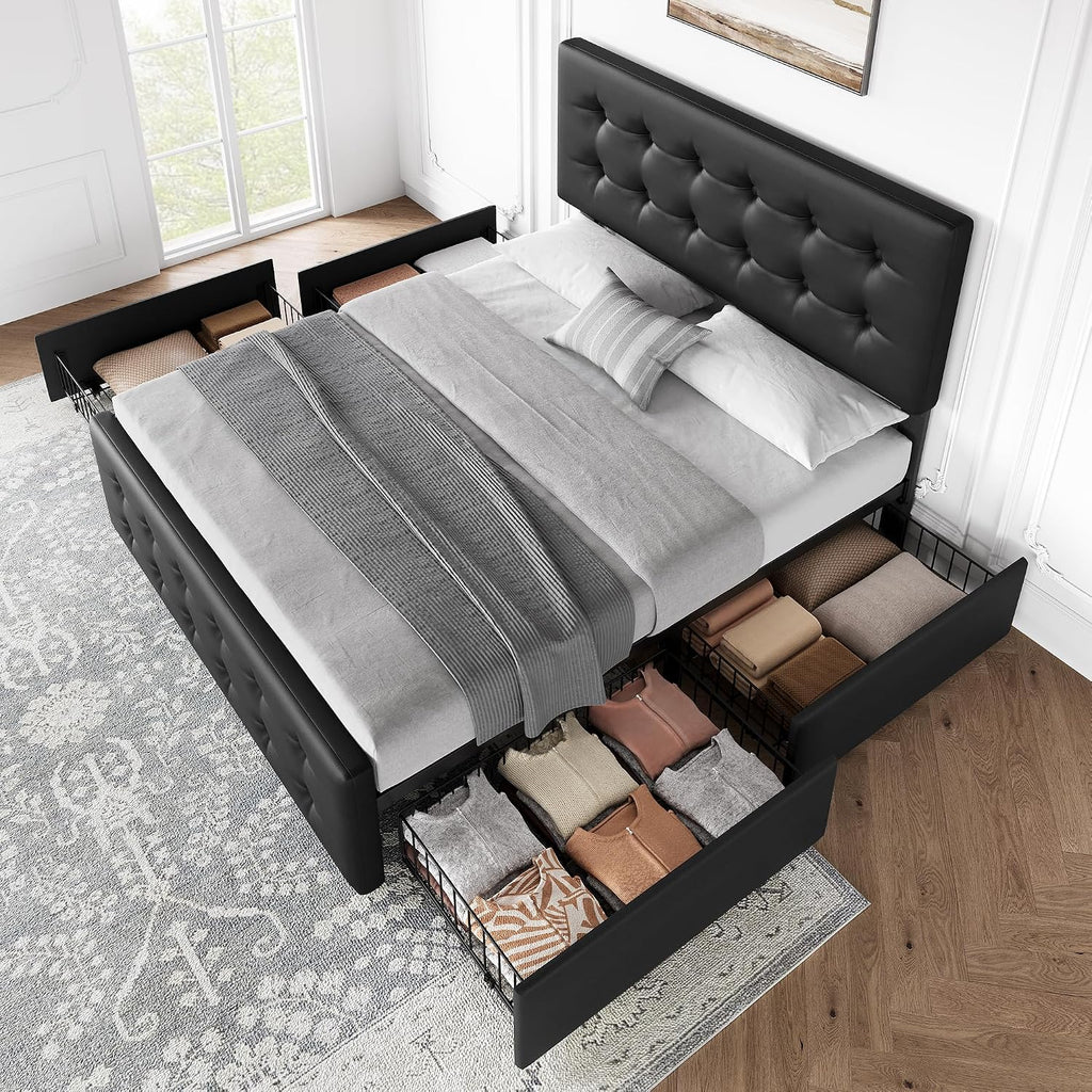 IDEALHOUSE Full Size Bed Frame with 4 Storage Drawers and Headboard, Faux Leather Upholstered Platform Bed Frame with Wooden Slats Support, Button Tufted Design, No Box Spring Needed, Black