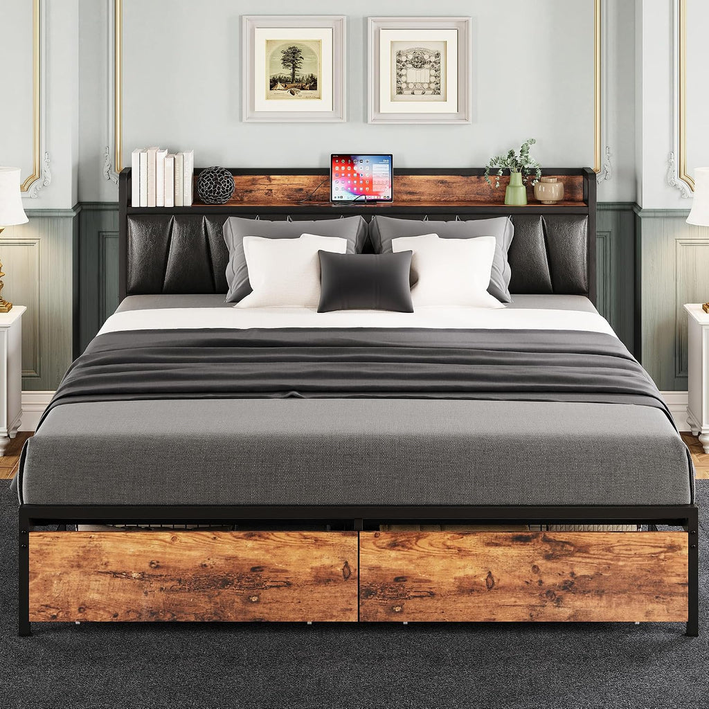 LIKIMIO California King Size Bed Frame, Storage Headboard with Charging Station, Platform Bed with Drawers, No Box Spring Needed, Easy Assembly, Vintage Brown and Black