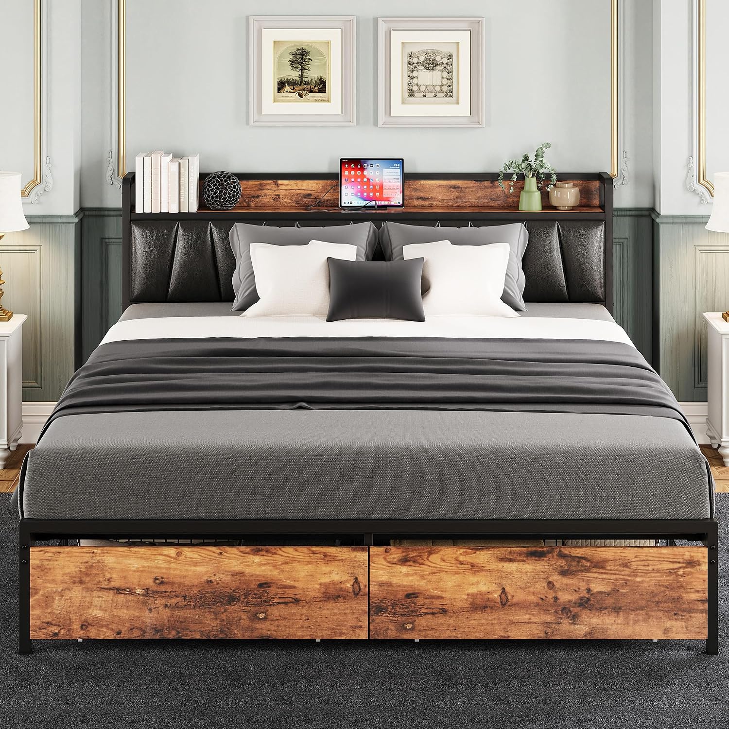 LIKIMIO California King Size Bed Frame, Storage Headboard with Charging Station, Platform Bed with Drawers, No Box Spring Needed, Easy Assembly, Vintage Brown and Black