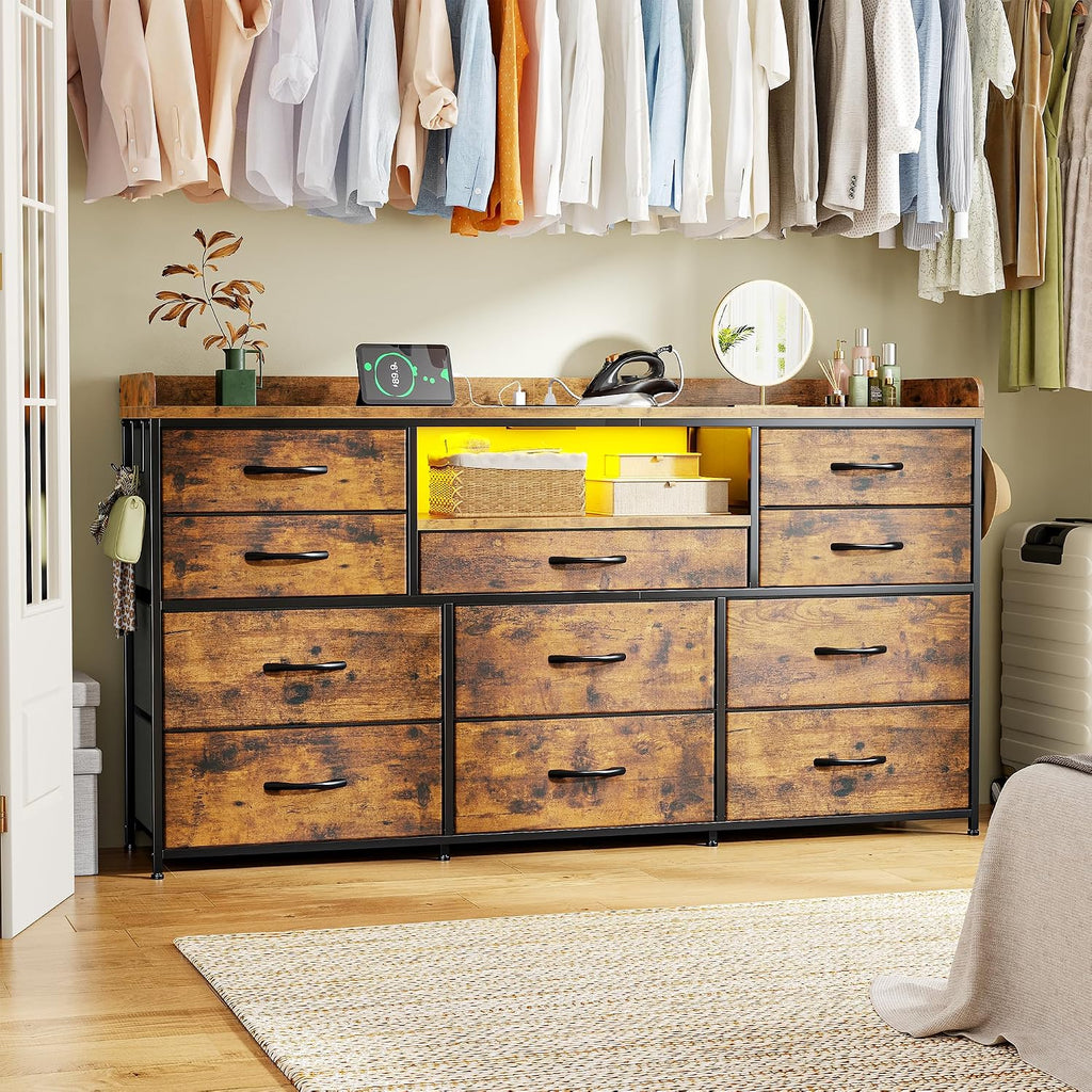 Dresser for Bedroom with LED Lights & Charging Station & 4 Hooks 11 Drawer Dressers & Chests of Drawers Long Fabric Dresser TV Stand for 60 inch TV for Entryway 11.8'D x 47.2'W x 31.5'H Rustic Brown