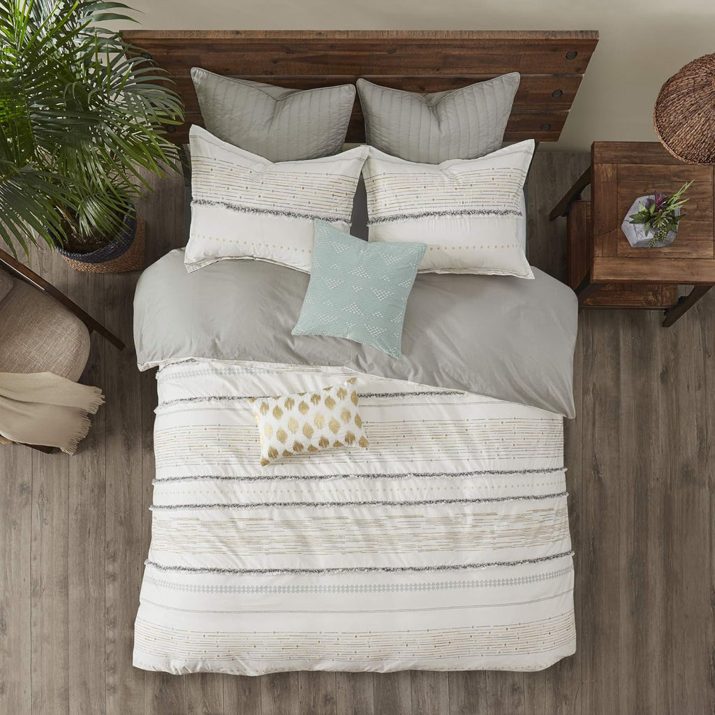 INK+IVY Luxurious Cotton-Bedding Set - Mid Century Trendy Geometric Design, All Season Cozy-Cover With Matching-Shams, King/Cal King, Nea Trims Grey/Multi