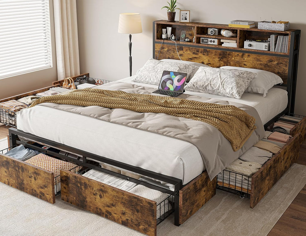 EnHomee Queen Bed Frame with 6 Storage Drawers, Headboard & Charging Station, Noise-Free Metal Platform Bed, No Box Spring Needed,Vintage Brown