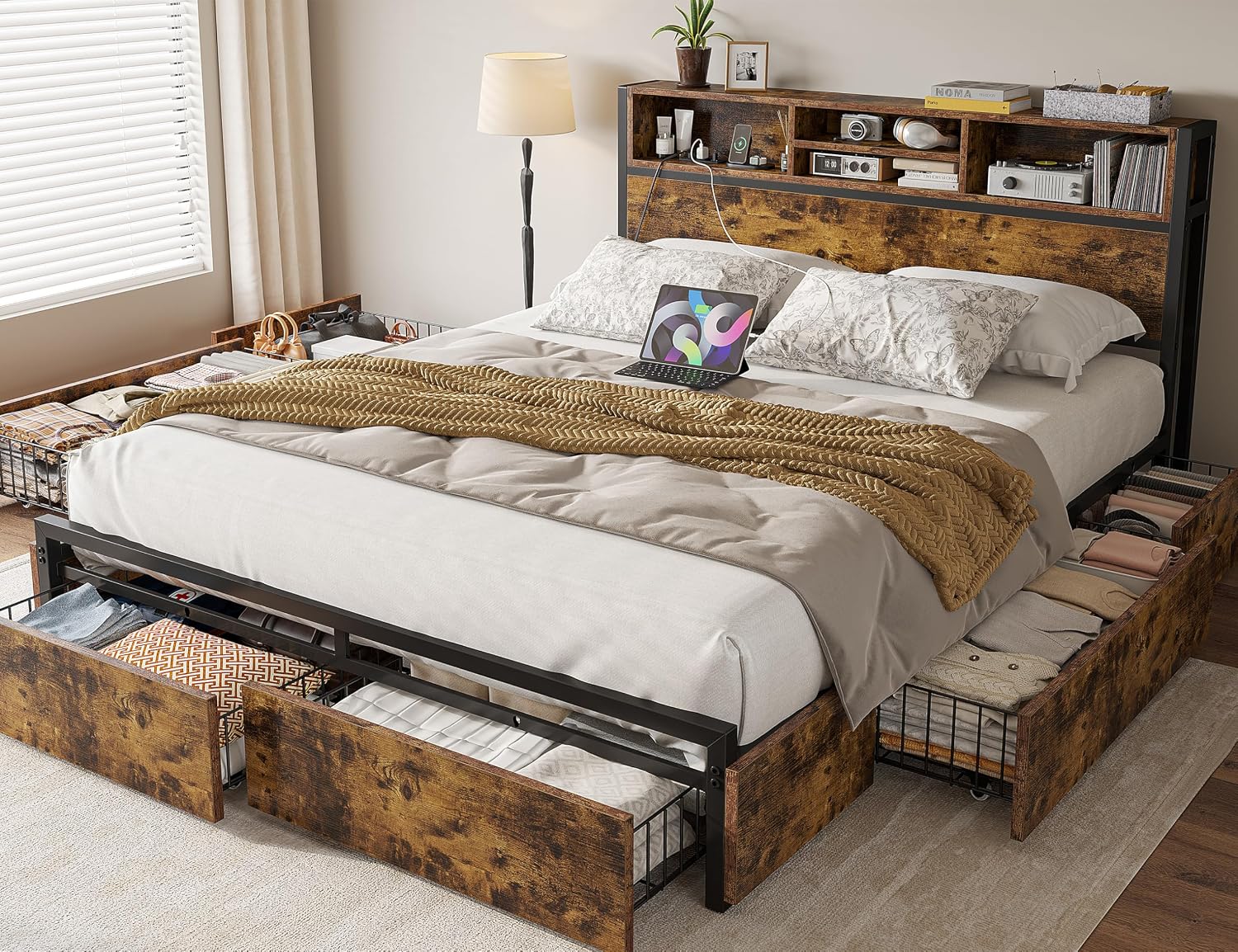 EnHomee Queen Bed Frame with 6 Storage Drawers, Headboard & Charging Station, Noise-Free Metal Platform Bed, No Box Spring Needed,Vintage Brown
