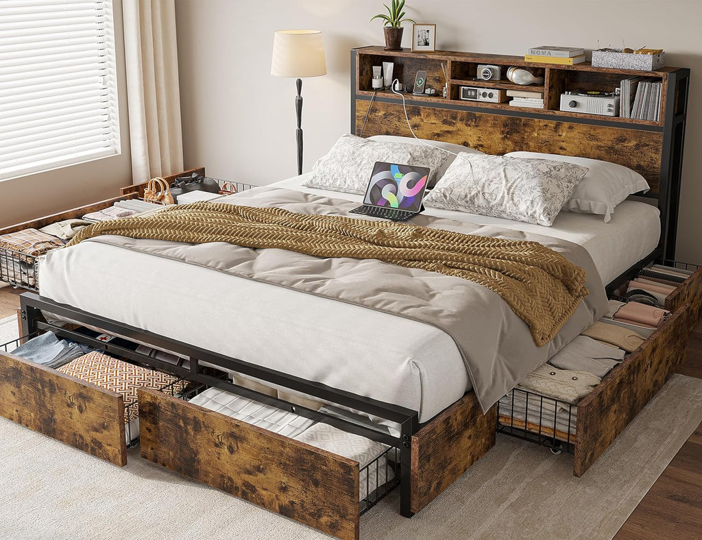 EnHomee Full Size Bed Frame with 6 Storage Drawers, Headboard & Charging Station, Noise-Free Metal Platform Bed, No Box Spring Needed,Vintage Brown