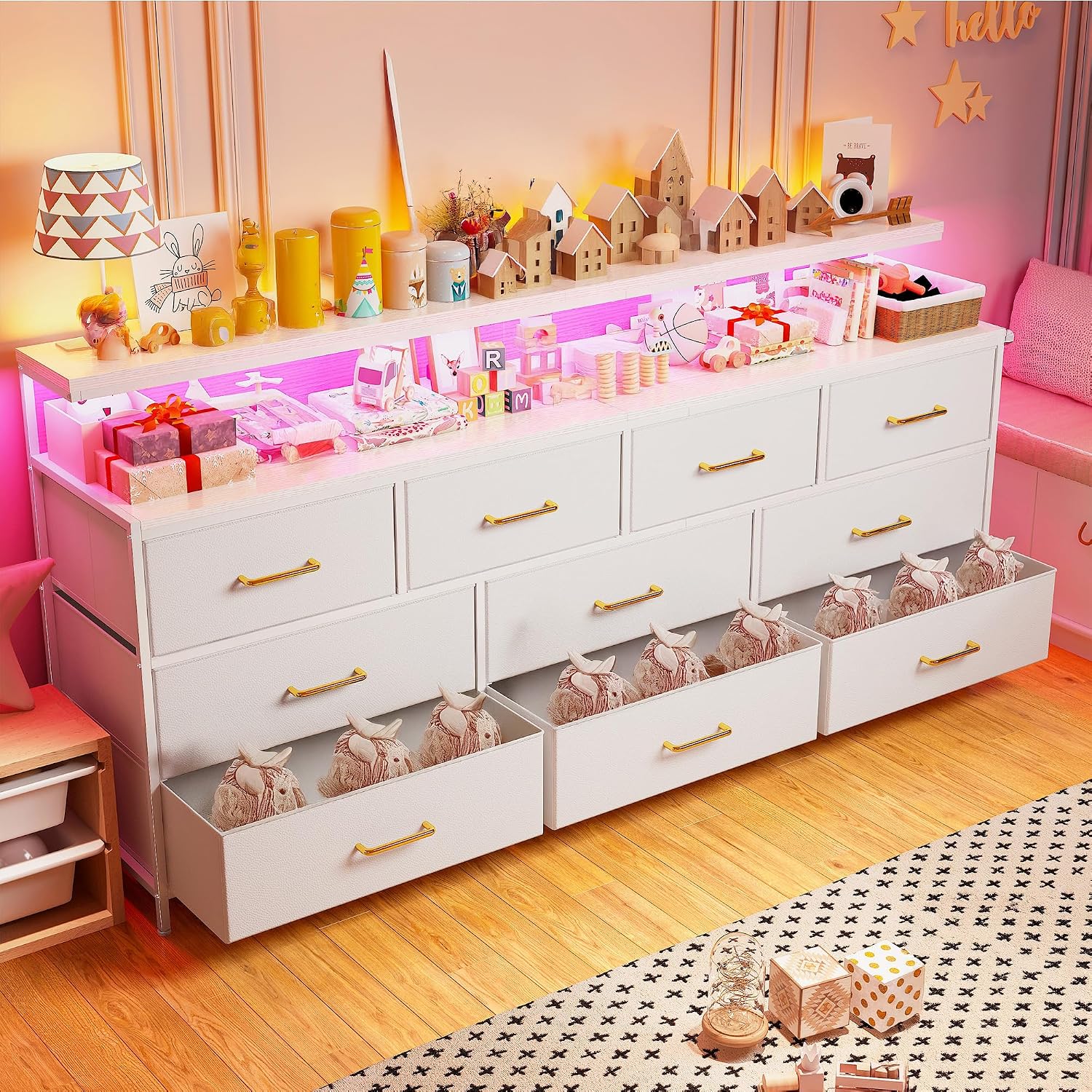 EnHomee 55' W White Dresser for Bedroom with 10 Fabric Drawers Long Dressers & Chests of Drawers with LED Lights & Power Outlets Large Dresser for Bedroom for Hallway, Metal Frame, White