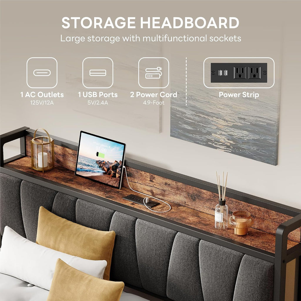 LIKIMIO Full XL Bed Frame, Storage Headboard with Charging Station, Solid and Stable, Noise Free, No Box Spring Needed, Easy Assembly