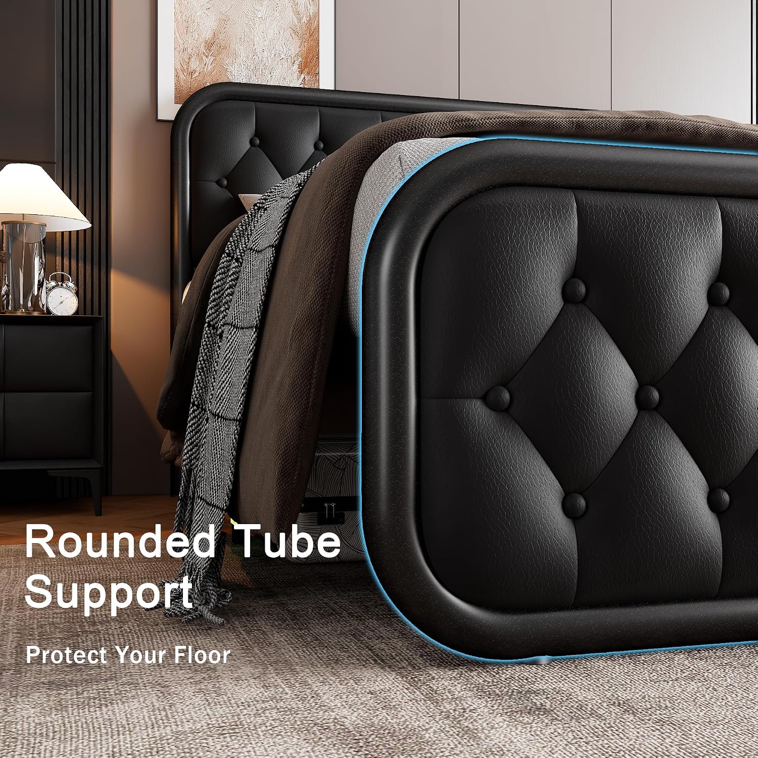 GalnFu Full Metal Bed Frame, Upholstered Bed with Leather Button-Tufted Headboard & Footboard, Heavy-Duty U-Shape Platform Bed, Easy Assembly, Black