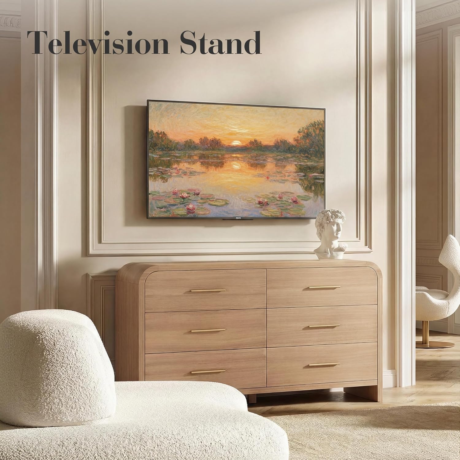 Curved 6-Drawer Dresser for Bedroom, 54' Wide Modern Chest of Drawers, Vanity Desk TV Stand for Living Room, Closet Storage Drawers Organizer Furniture, Nursery, Hallway, Oak