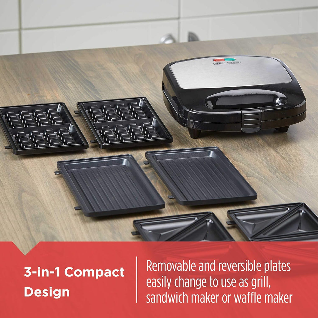 BLACK+DECKER 3-in-1 Waffle Iron, WM2000SD, Grill and Sandwich Press, Non-Stick Removable Plates, Space Saving Compact Design (Pack of 4)