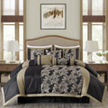 Chezmoi Collection Kelsey Comforter Set California King Size, 7-Piece Black Gold Hibiscus Floral Jacquard Bedding Set