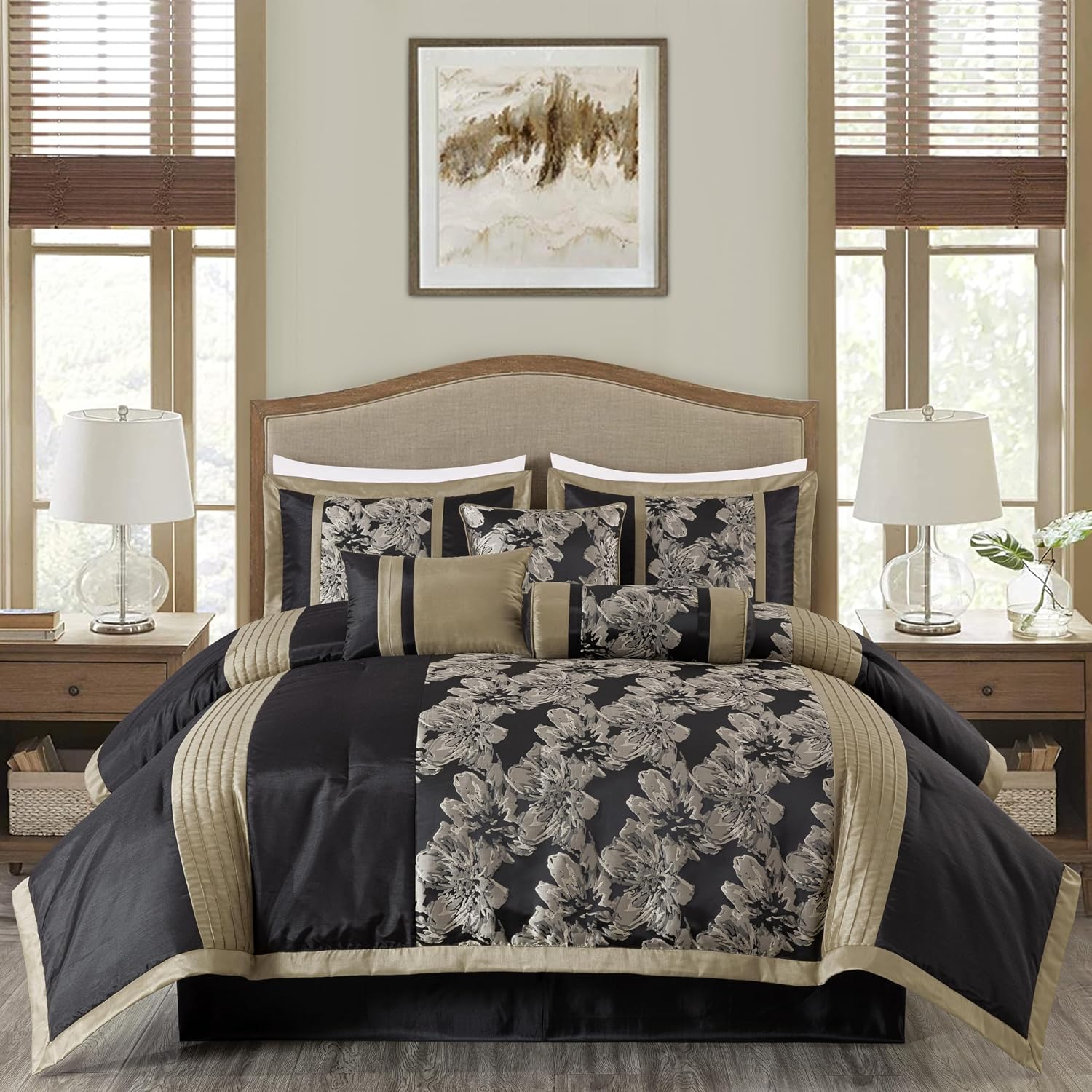 Chezmoi Collection Kelsey Comforter Set King Size, 7-Piece Black Gold Hibiscus Floral Jacquard Bedding Set