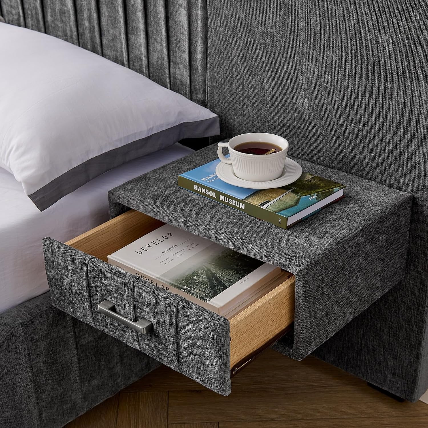 KEIKI King Size Chenille Bed Frame with 2 Nightstands, Lamps & Oversize Headboard, Solid Wood Frame Platform Night Stand Bedroom Set, Upholstered Floor Grounded Bed, No Box Spring Needed, Dark Grey