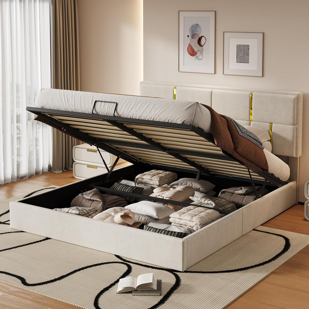 JIJIWANG Queen Size Upholstered Platform Bed with Hydraulic Storage System,Velvet Bed Frame with Headboardqueen Bed Brame with Storage No Box Spring Needed,Beige
