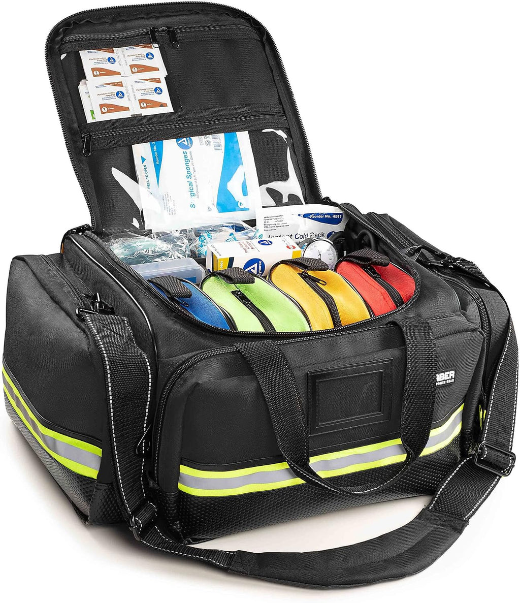 Scherber Fully-Stocked First Responder Professional Advanced EMT/EMS Trauma Kit | HSA/FSA Approved | Reflective Bag w/10+ Compartments, Zippered Pockets & 250+ First Aid Supplies (Black)