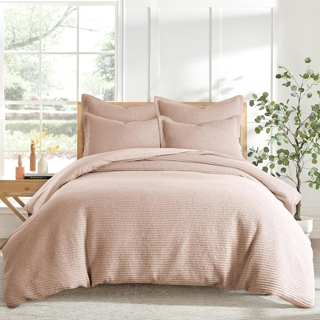 Levtex Home Cloud Waffle King/Cal King Comforter Set (106x94in) with 2 Pillow Shams (36x20in) - Solid Waffle Cotton Texture - Blush - 100% Cotton King Size Comforter Set - Soft, Pre-Washed