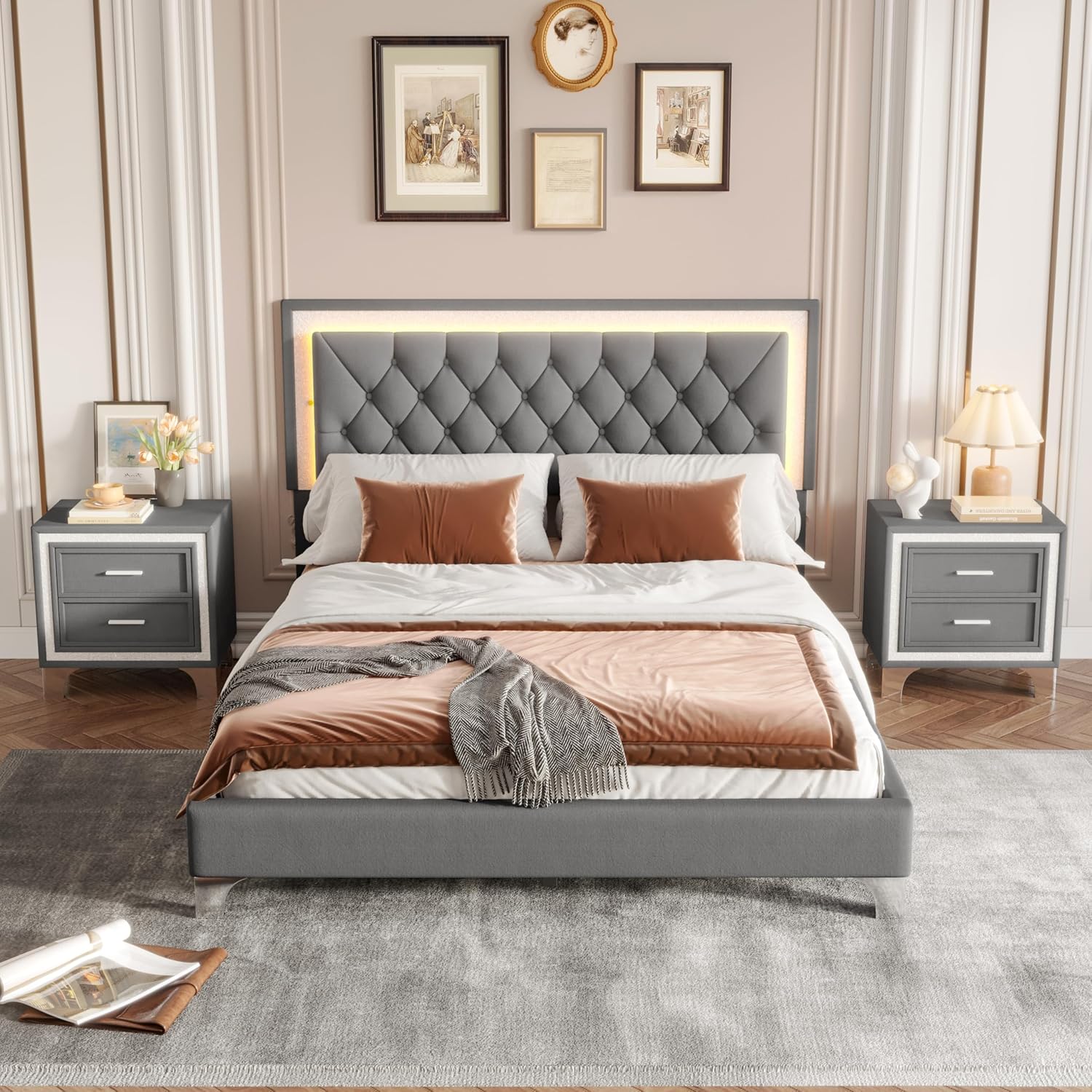 Harper & Bright Designs 3 Pieces Bedroom Sets, Mid Century Modern Queen Size Upholstered Platform Bed Frame with Headboard, 2 Nightstands and LED Lights, Bedroom Furniture Sets (Gray)