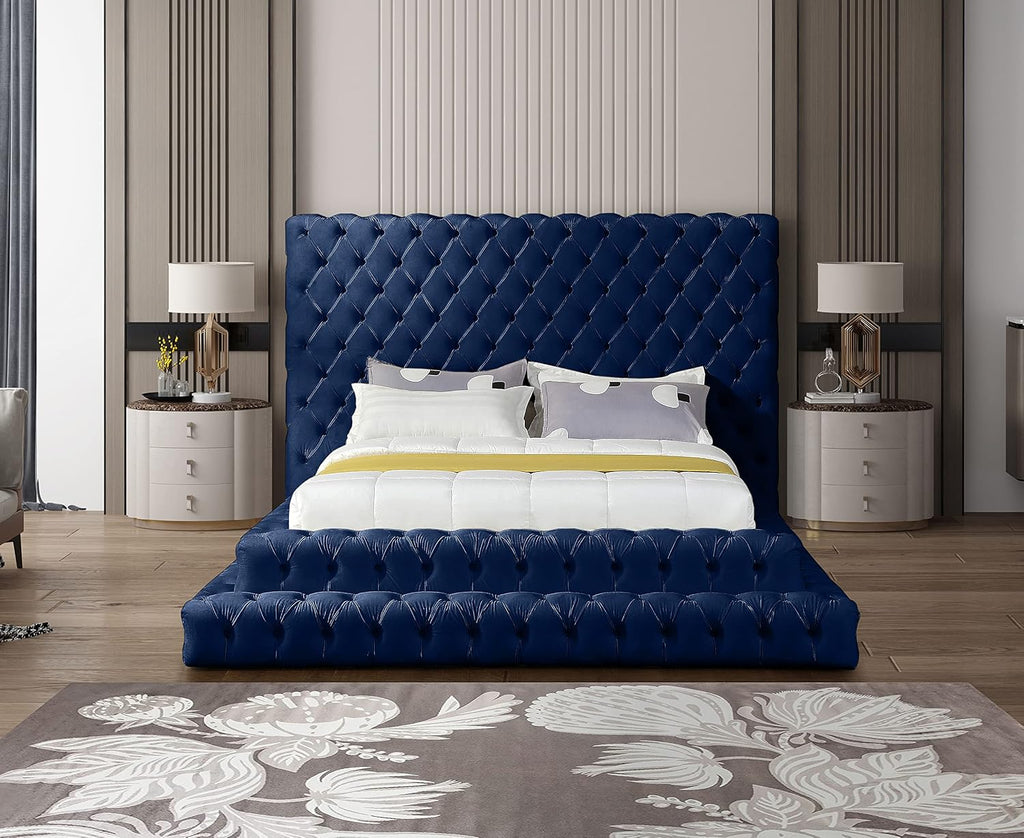 Meridian Furniture RevelNavy-Q Revel Collection Modern | Contemporary Navy Velvet Upholstered Bed with Deep Button Tufting, 85' W x 98' D x 60' H, Navy, Queen