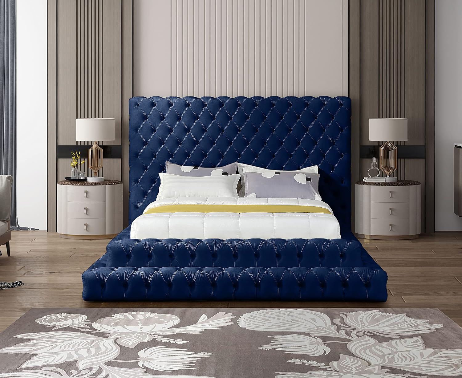 Meridian Furniture RevelNavy-Q Revel Collection Modern | Contemporary Navy Velvet Upholstered Bed with Deep Button Tufting, 85' W x 98' D x 60' H, Navy, Queen