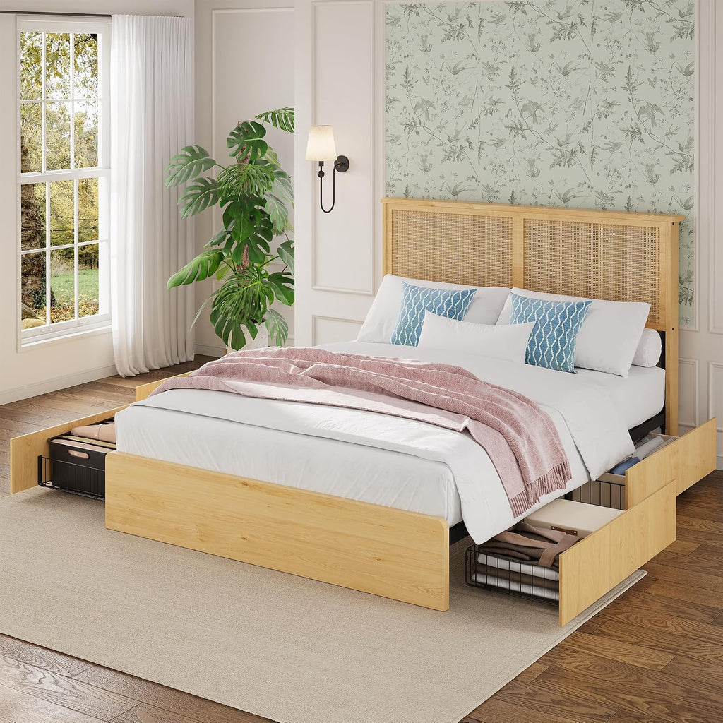 coucheta Rattan Bed Frame Queen with Natural Rattan Headboard,Queen Bed Frame with LED Lights,Rattan Queen Bed Frame with Headboard, Wood Foundation with Silent Slats,No Box Spring Needed