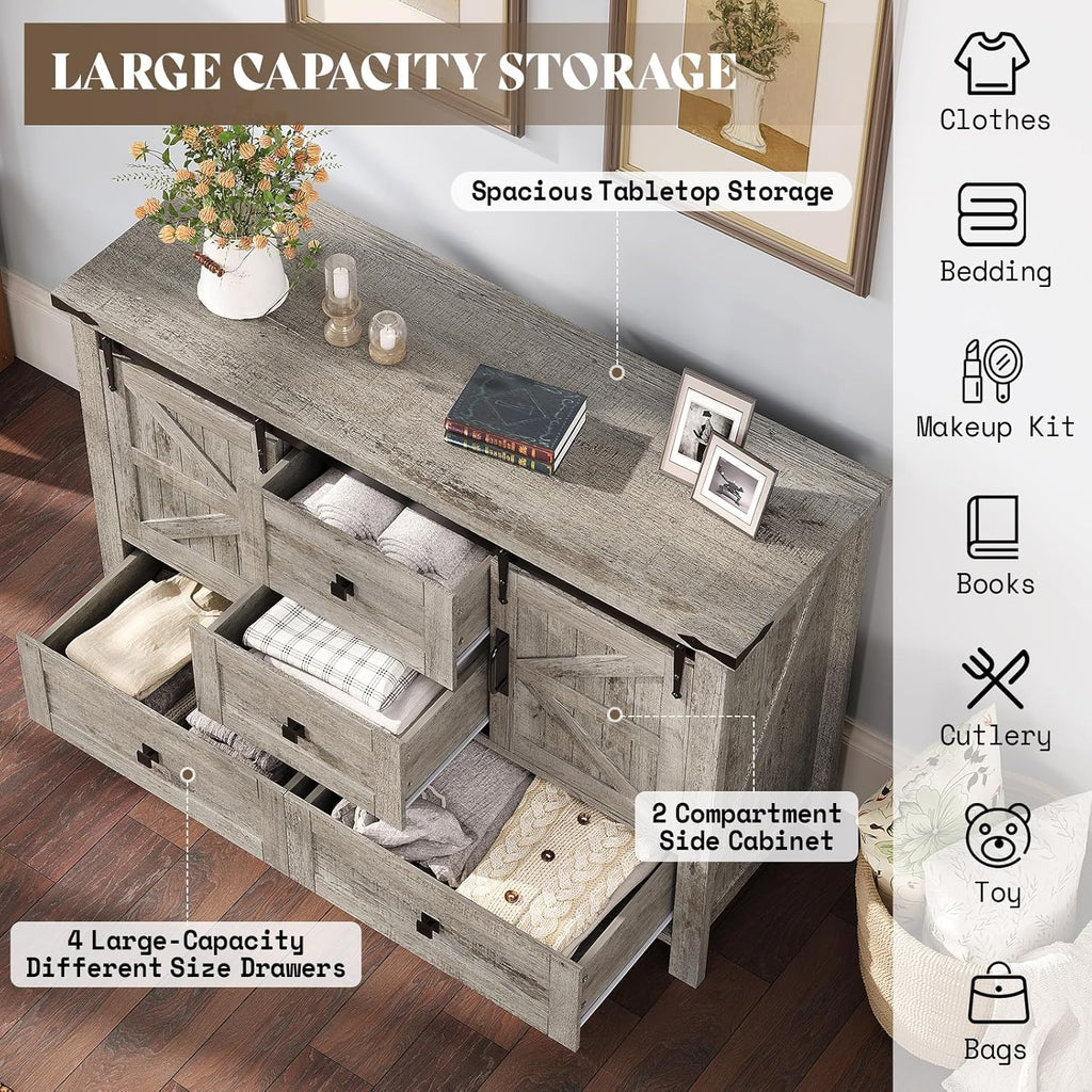 AMERLIFE 2PCS Farmhouse Dresser Set with Sliding Barn Doors, Bedroom Sets Include 47'' Dresser with 4 Drawers, 5-Drawer Tall Dresser, Light Rustic Oak