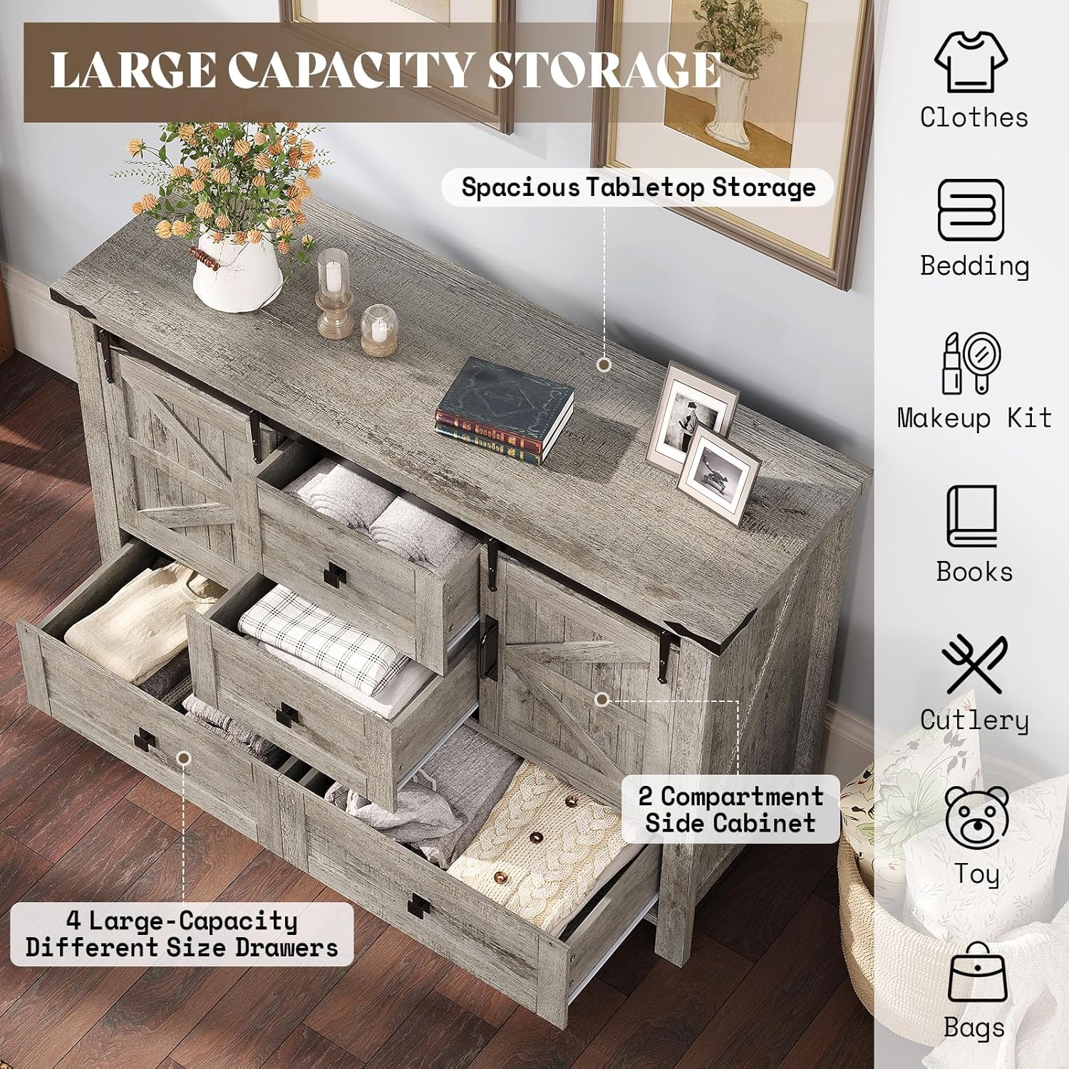 AMERLIFE 2PCS Farmhouse Dresser Set with Sliding Barn Doors, Bedroom Sets Include 47'' Dresser with 4 Drawers, 5-Drawer Tall Dresser, Light Rustic Oak