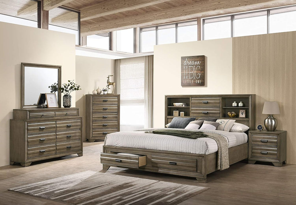 Roundhill Furniture Loiret Wood Storage Platform King Bedroom Set with Dresser, Mirror, Two Nightstands, Chest, Light Gray