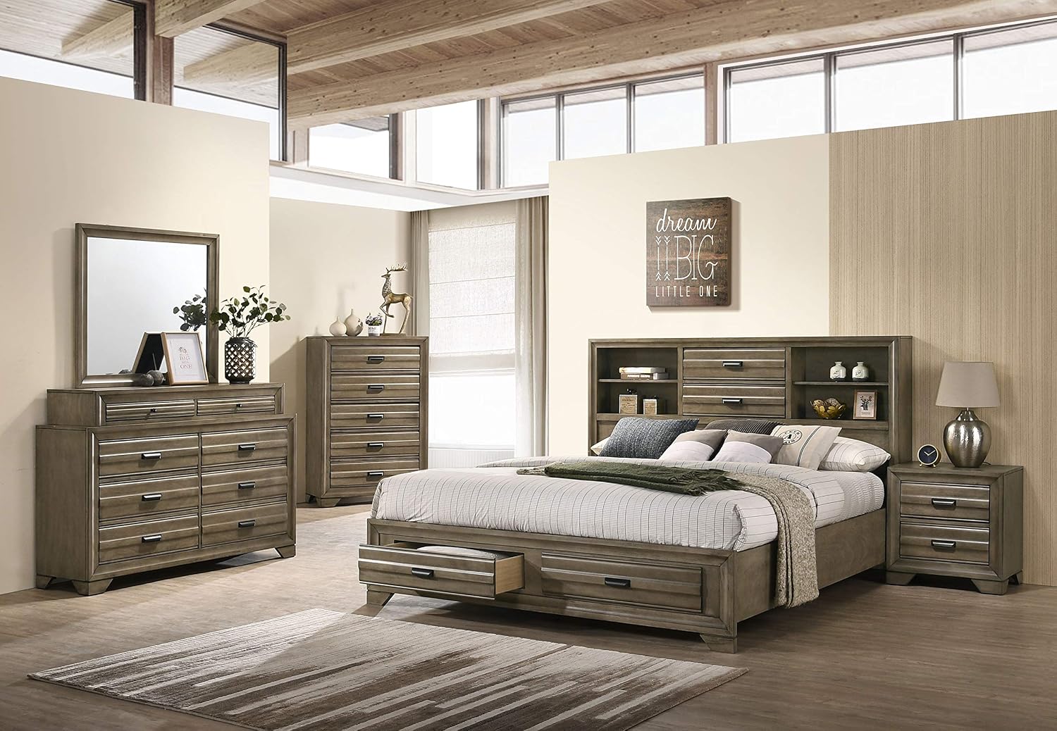 Roundhill Furniture Loiret Wood Storage Platform King Bedroom Set with Dresser, Mirror, Two Nightstands, Chest, Light Gray