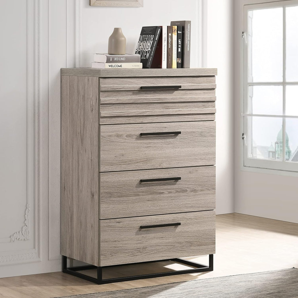 Roundhill Furniture Alvear Upholstered Wood Panel Bed, Dresser, Mirror, 2 Nightstands, and Chest, King, Weathered Gray