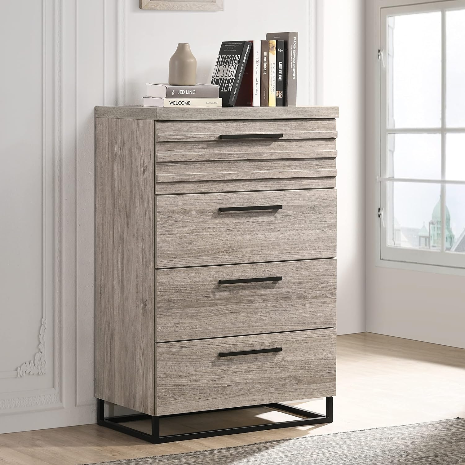 Roundhill Furniture Alvear Upholstered Wood Panel Bed, Dresser, Mirror, 2 Nightstands, and Chest, King, Weathered Gray