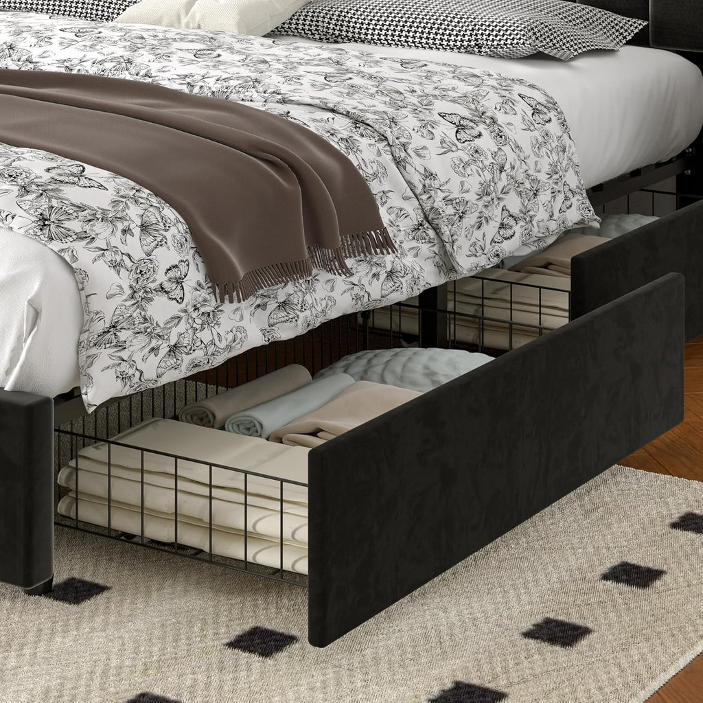 VECELO King Size Upholstered Bed Frame with 4 Drawers and Headboard, Velvet Platform Storage Bedframe, Wooden Slats Support, No Box Spring Needed,Black