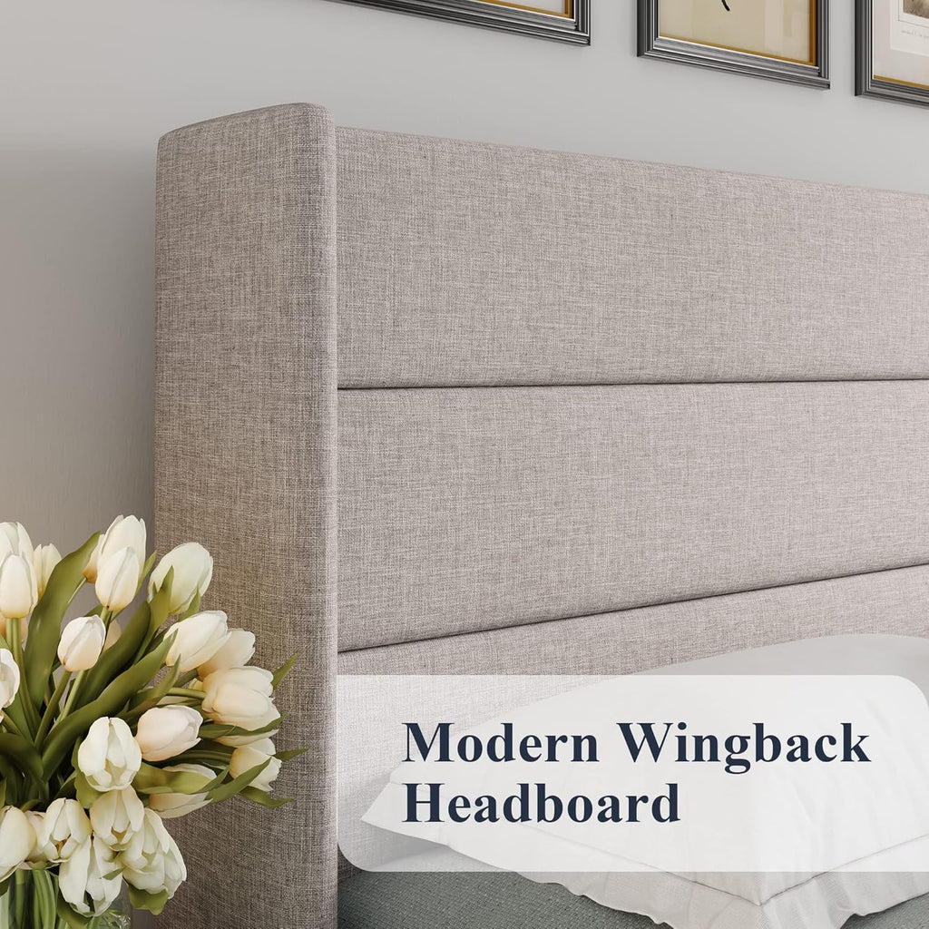 Allewie Full Size Lift Up Storage Bed, Modern Wingback Headboard, Hydraulic Support, No Box Spring Needed, Light Beige