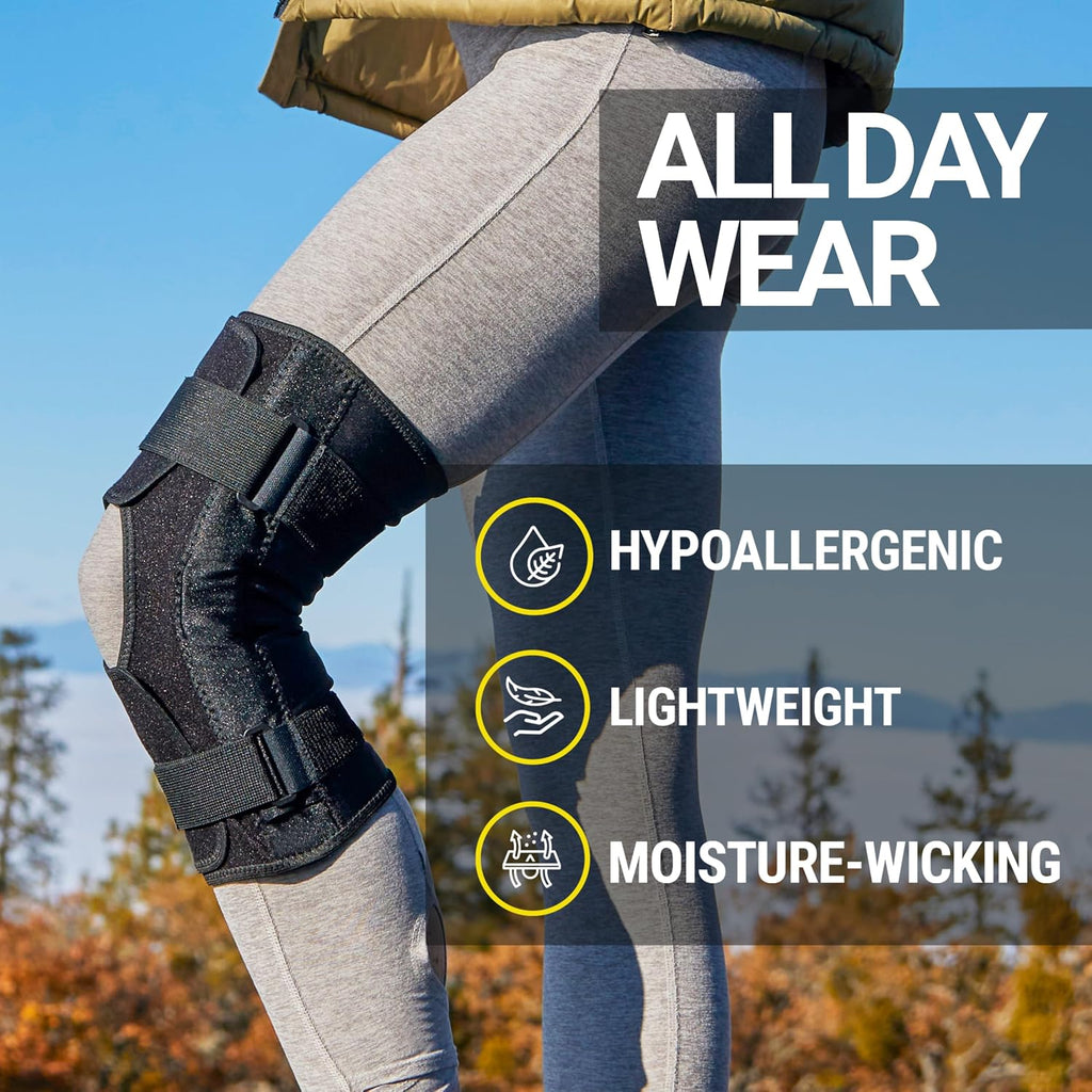 BioSkin Wraparound Hinged Knee Brace - Stays-in-Place Stability, Adjustable Compression Support for ACL/MCL, Meniscus & Arthritis, Lightweight Aluminum Side Hinges, Soft Breathable Hypoallergenic, Low-Profile (Large)