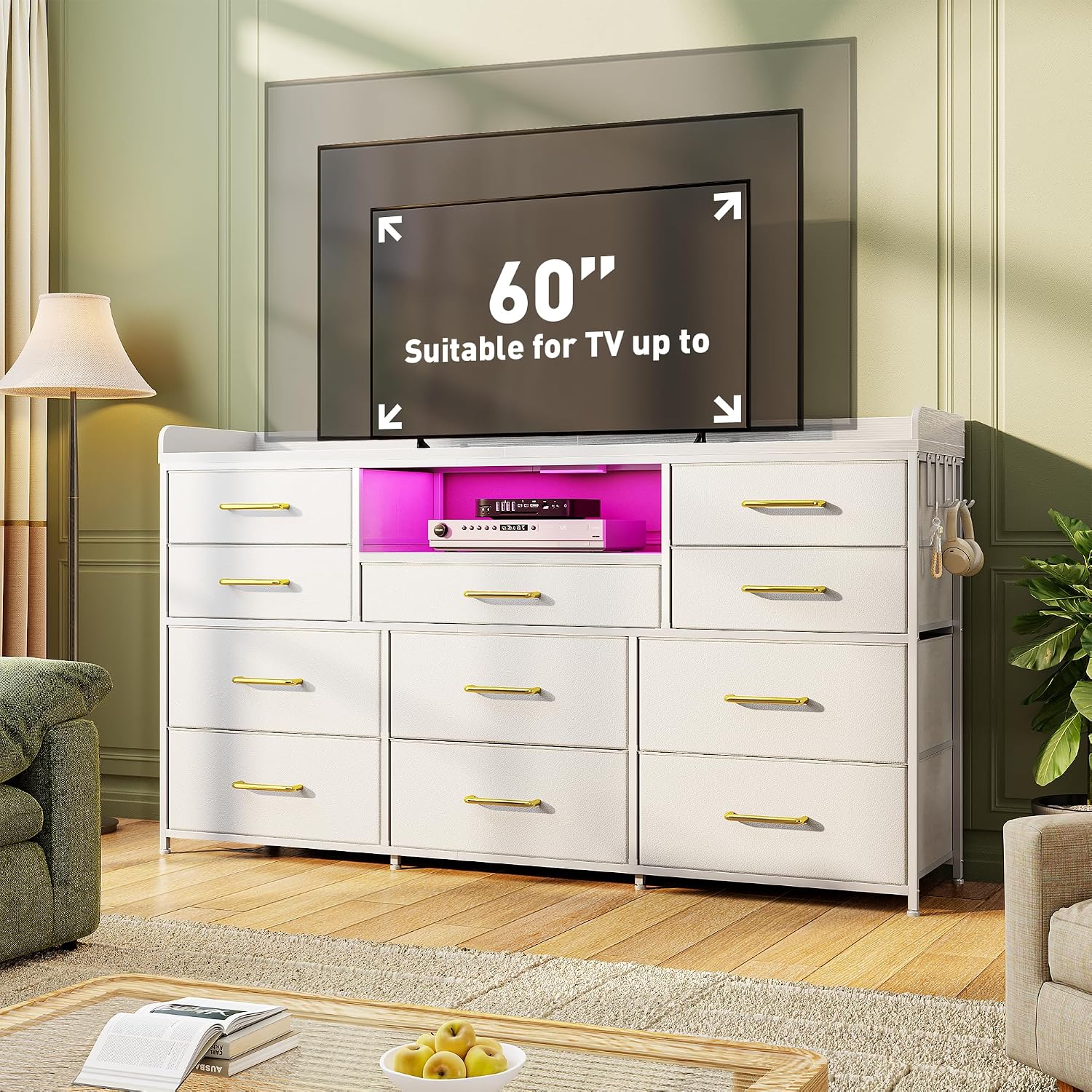 White Dresser for Bedroom with LED Lights & Charging Station & 4 Hooks 11 Drawer Dressers & Chests of Drawers Long Fabric Dresser TV Stand for 50 55 60 inch TV for Entryway 11.8'D x 47.2'W x 31.5'H