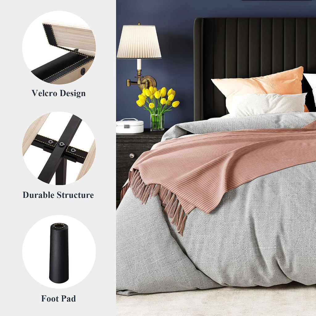 Allewie Full Size Velvet Bed Frame/Vertical Channel Tufted Wingback Headboard/Upholstered Platform Bed/Strong Wooden Slats/No Box Spring Needed/Easy Assembly/Black