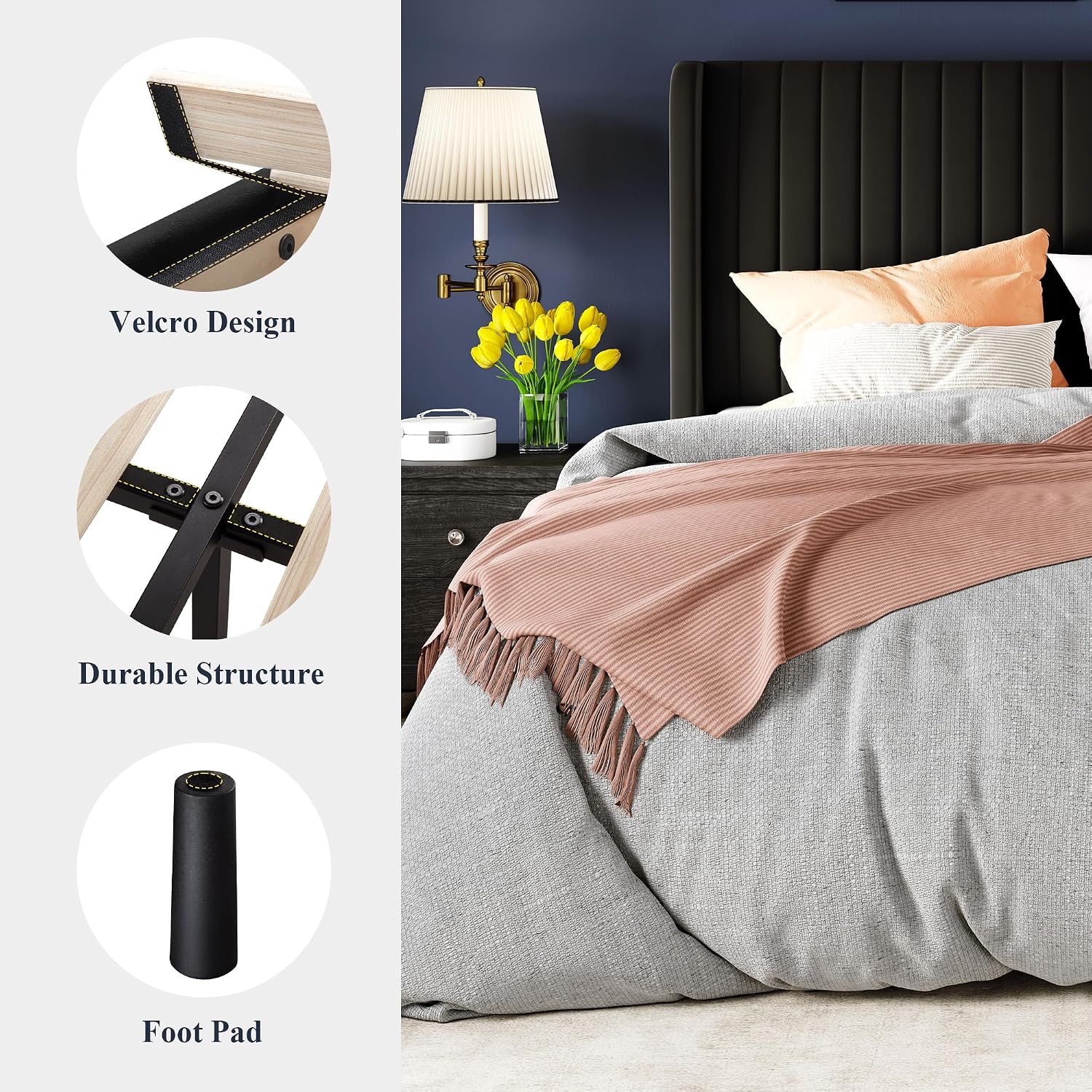 Allewie Full Size Velvet Bed Frame/Vertical Channel Tufted Wingback Headboard/Upholstered Platform Bed/Strong Wooden Slats/No Box Spring Needed/Easy Assembly/Black