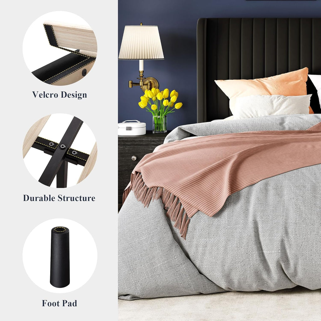 Allewie Queen Size Velvet Bed Frame/Vertical Channel Tufted Wingback Headboard/Upholstered Platform Bed/Strong Wooden Slats/No Box Spring Needed/Easy Assembly/Black