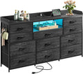 Black Dresser for Bedroom with LED Lights & Charging Station & 4 Hooks 11 Drawer Dressers & Chests of Drawers Long Fabric Dresser TV Stand for 50 55 60 inch TV for Entryway 11.8'D x 47.2'W x 31.5'H