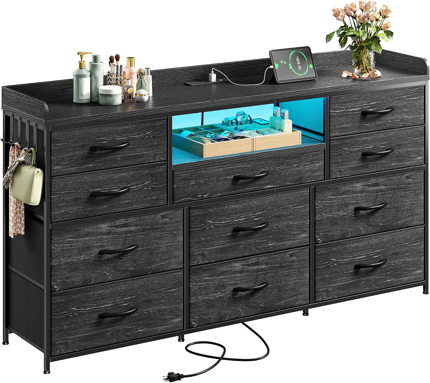 Black Dresser for Bedroom with LED Lights & Charging Station & 4 Hooks 11 Drawer Dressers & Chests of Drawers Long Fabric Dresser TV Stand for 50 55 60 inch TV for Entryway 11.8'D x 47.2'W x 31.5'H
