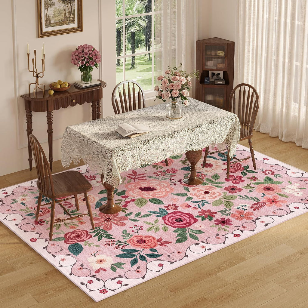 DUKINO 9x12 Area Rug, Floral Rugs for Living Room, Lightweight Non Slip Washable Rug, Indoor Low Pile & Non-Shedding Boho Design Rugs for Bedroom, Living Room, Dining Room, Pink