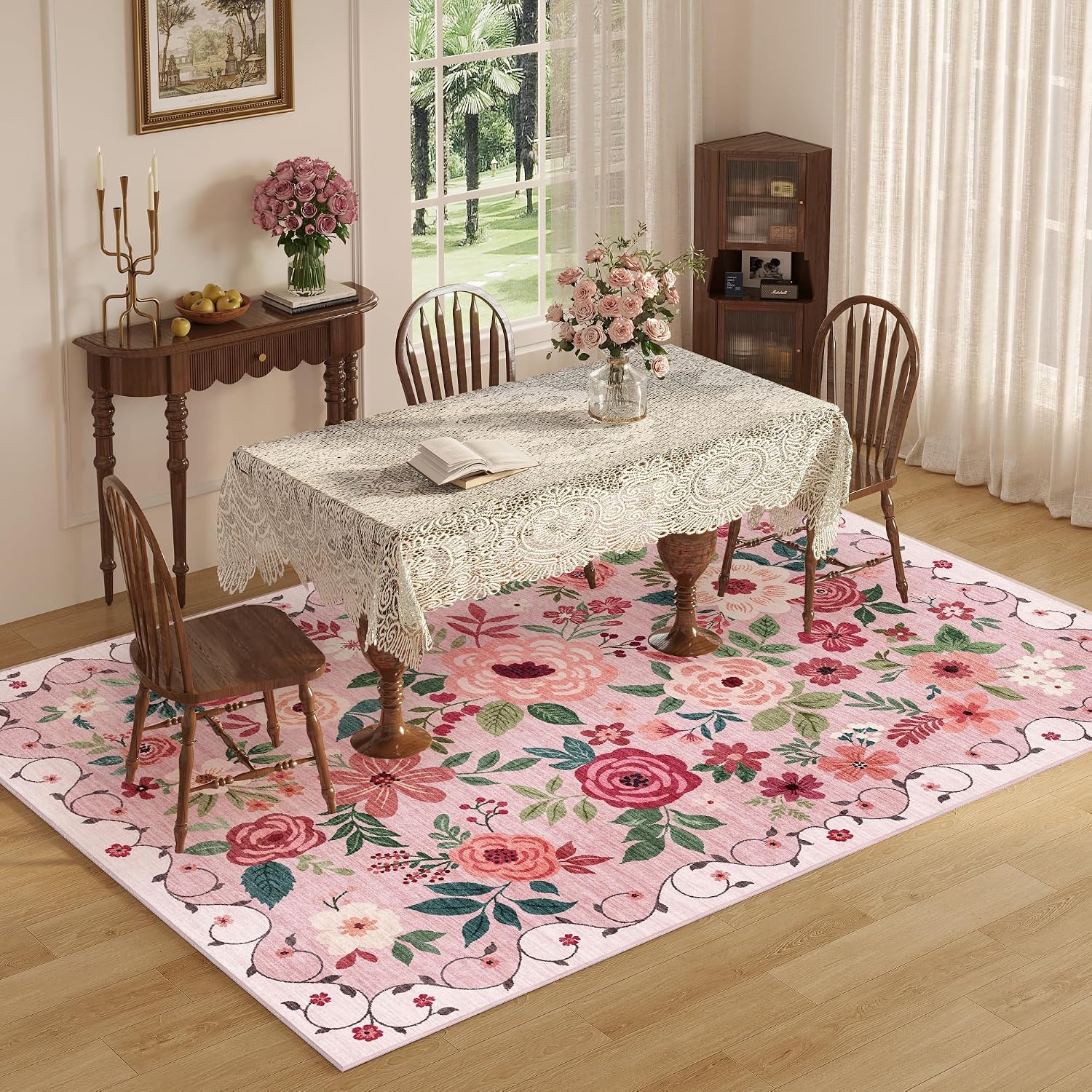 DUKINO 9x12 Area Rug, Floral Rugs for Living Room, Lightweight Non Slip Washable Rug, Indoor Low Pile & Non-Shedding Boho Design Rugs for Bedroom, Living Room, Dining Room, Pink