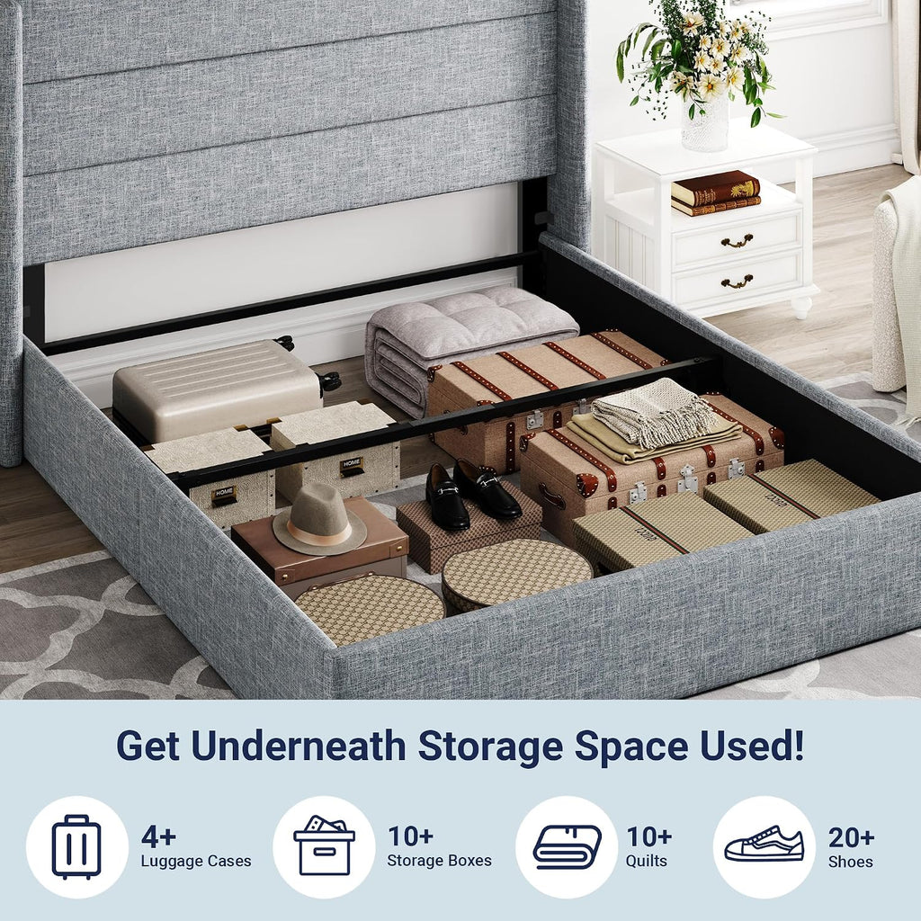 Allewie Queen Size Lift Up Storage Bed, Modern Wingback Headboard, Hydraulic Support, No Box Spring Needed, Grey Blue