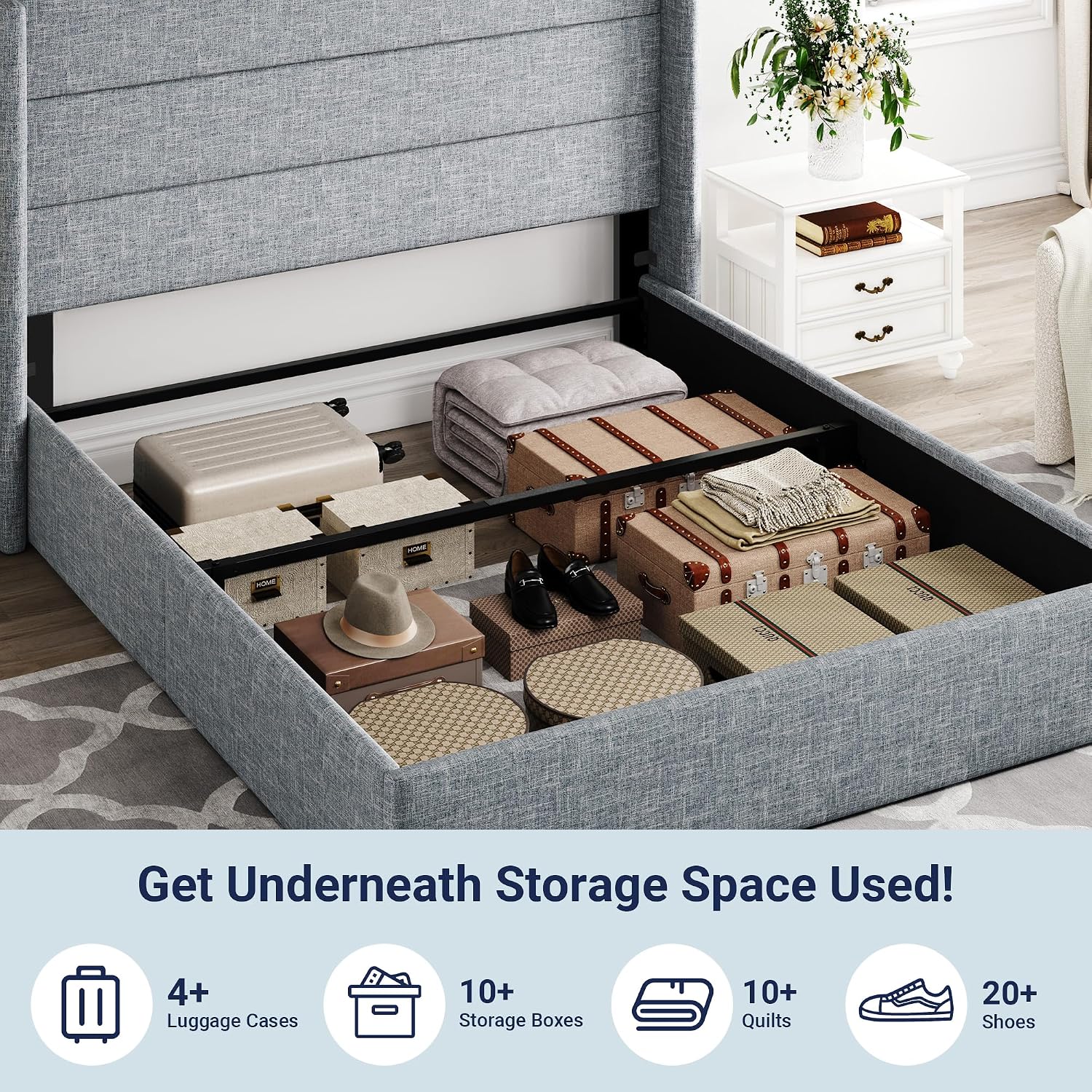 Allewie Full Size Lift Up Storage Bed, Modern Wingback Headboard, Hydraulic Support, No Box Spring Needed, Grey Blue
