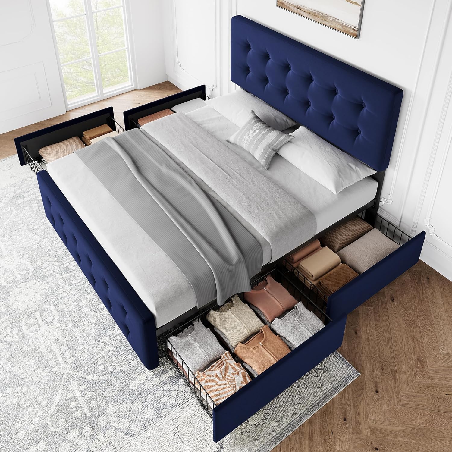 IDEALHOUSE Full Size Bed Frame with 4 Storage Drawers and Headboard, Velvet Upholstered Platform Bed Frame with Wooden Slats Support, Button Tufted Design, No Box Spring Needed, Blue