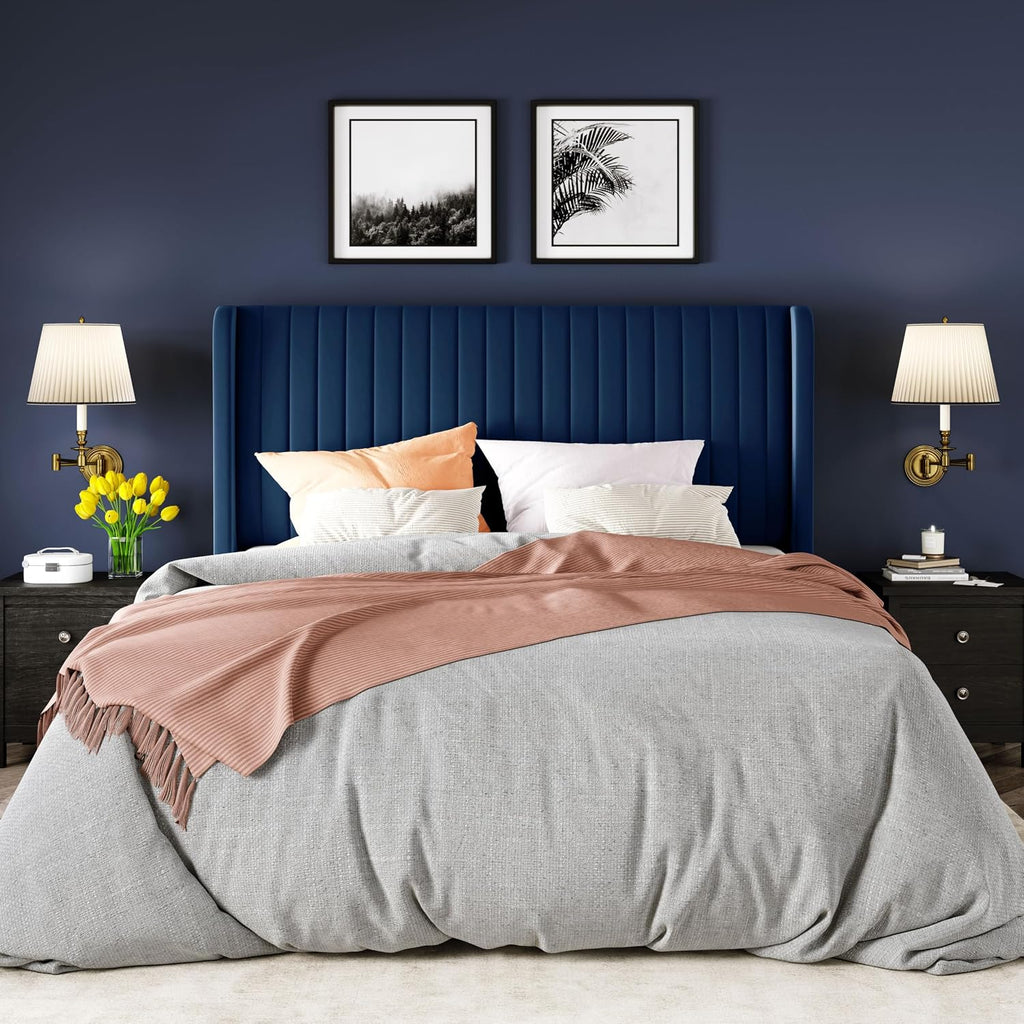 Allewie Full Size Velvet Bed Frame/Vertical Channel Tufted Wingback Headboard/Upholstered Platform Bed/Strong Wooden Slats/No Box Spring Needed/Easy Assembly/Blue