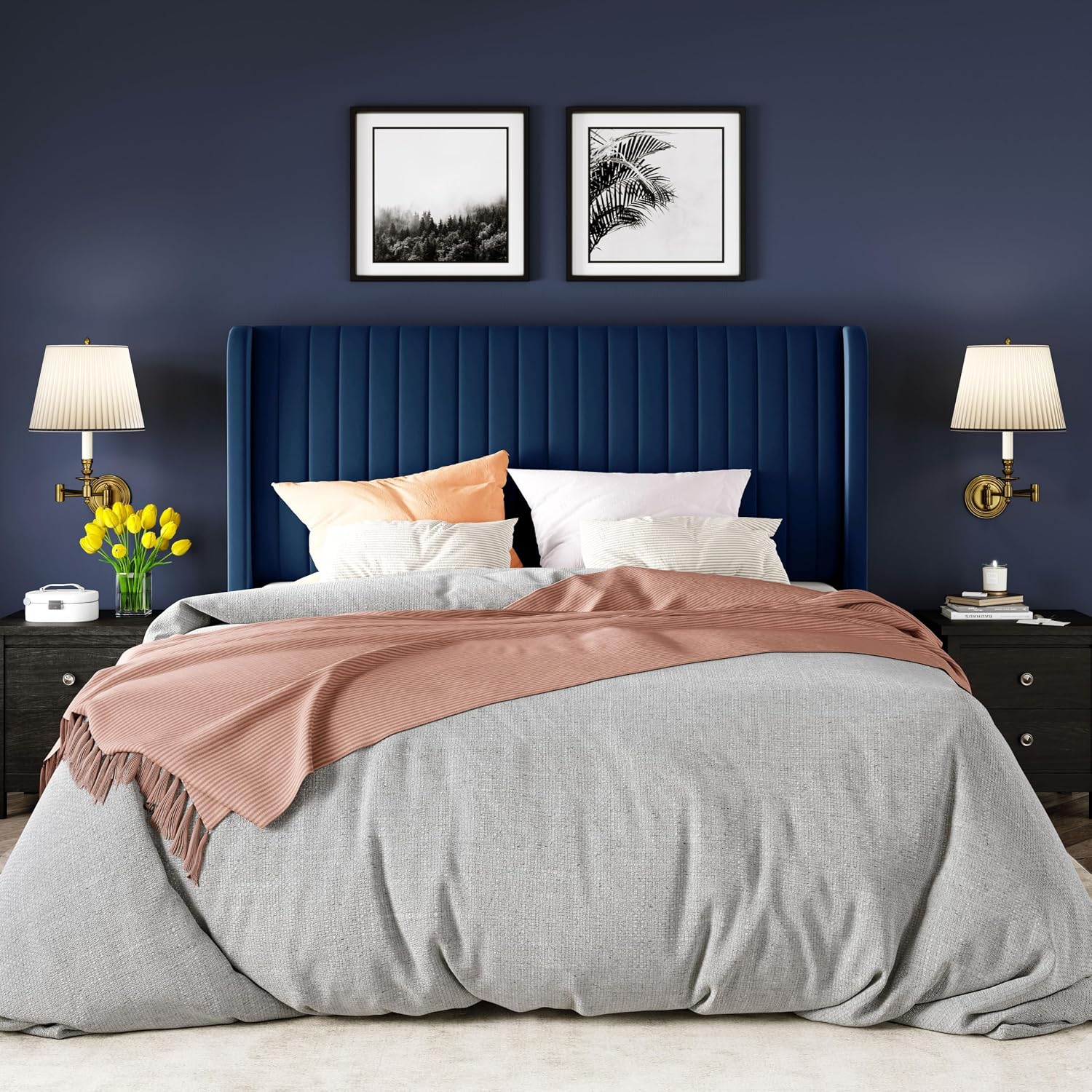 Allewie Full Size Velvet Bed Frame/Vertical Channel Tufted Wingback Headboard/Upholstered Platform Bed/Strong Wooden Slats/No Box Spring Needed/Easy Assembly/Blue