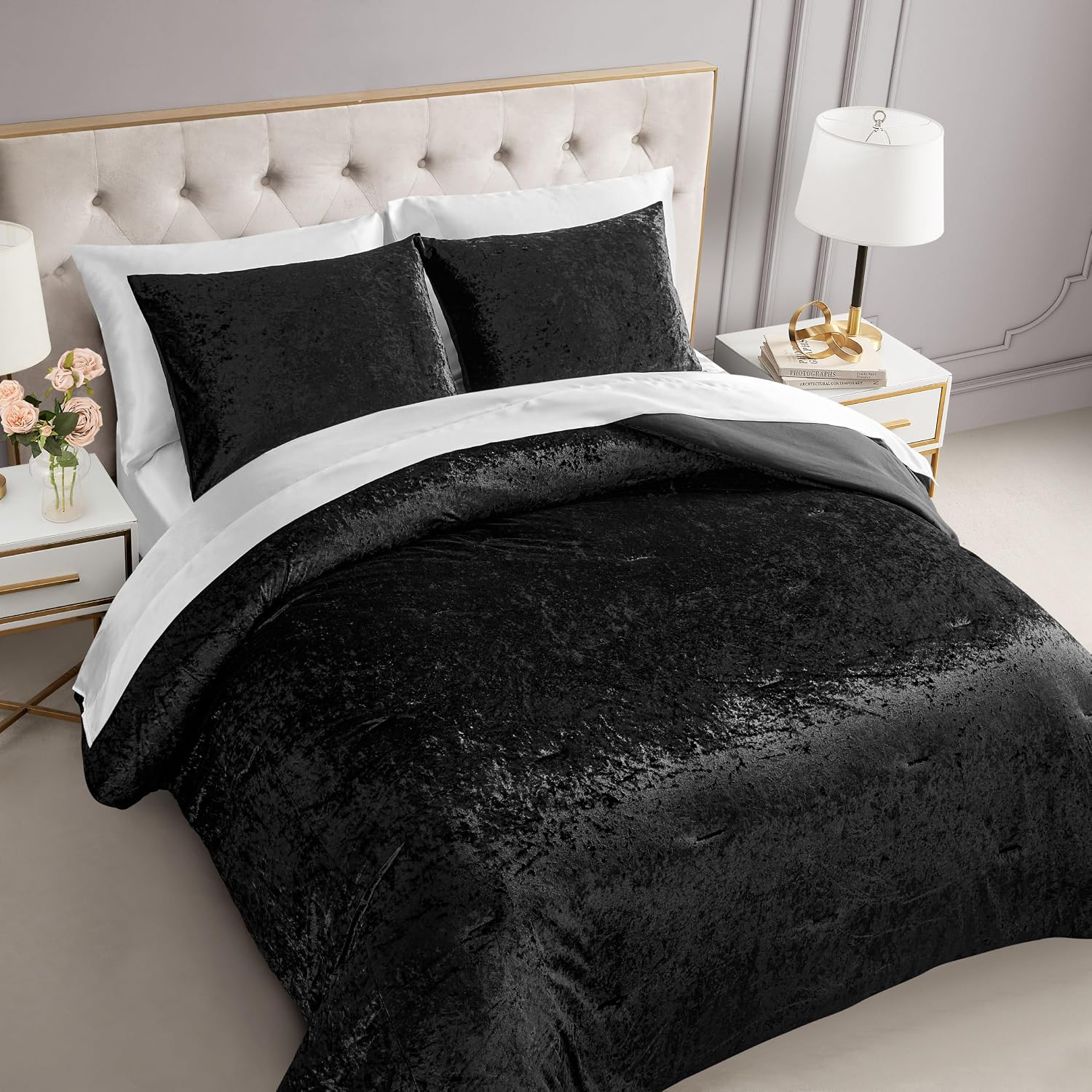 Juicy Couture Crushed Velvet King Comforter and Sham Set, 3-Piece King Bedding Set - (1) 102'x90' Comforter and (2) 20'x36' Sham - Black