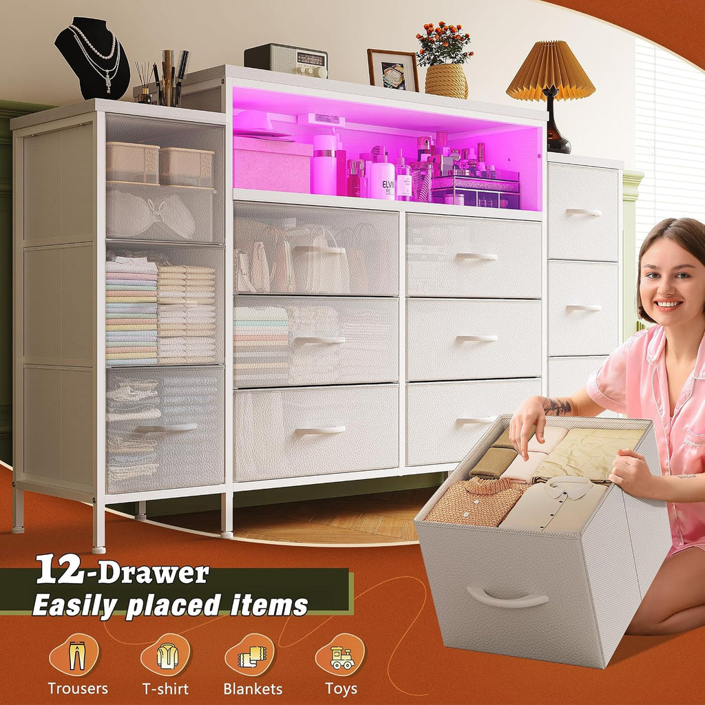 EnHomee 55' W Dresser for Bedroom with LED Lights & Charging Station 12 Drawer Dressers & Chests of Drawers Dresser TV Stand for Bedroom for Hanging 65' TV, Metal Frame & Fabric Drawers, White
