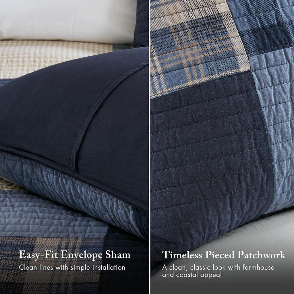 Woolrich Winter Hills Reversible Quilt Set - Cottage Styling Reversed to Solid Color, All Season Lightweight Coverlet, Cozy Bedding Layer, Matching Shams, Oversized Full/Queen, Plaid Blue 3 Piece